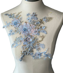  Blue Pink Gold 3D Floral Applique with Beads