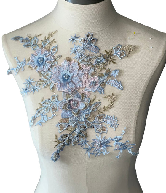 Blue Pink Gold 3D Floral Applique with Beads