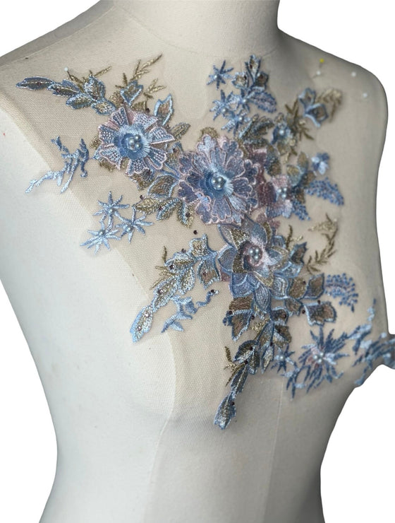 Blue Pink Gold 3D Floral Applique with Beads