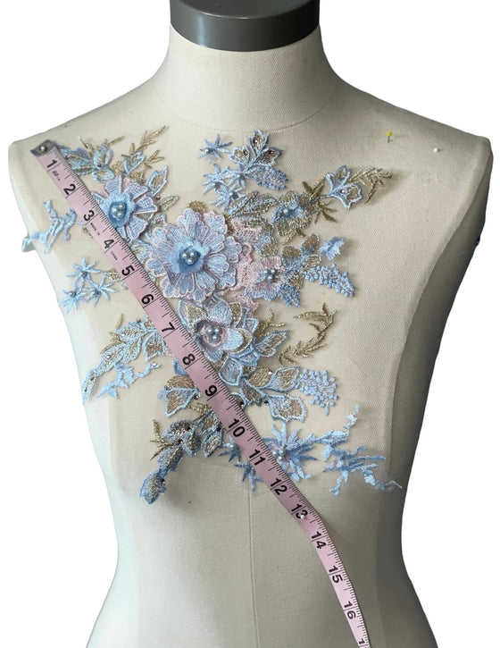 Blue Pink Gold 3D Floral Applique with Beads