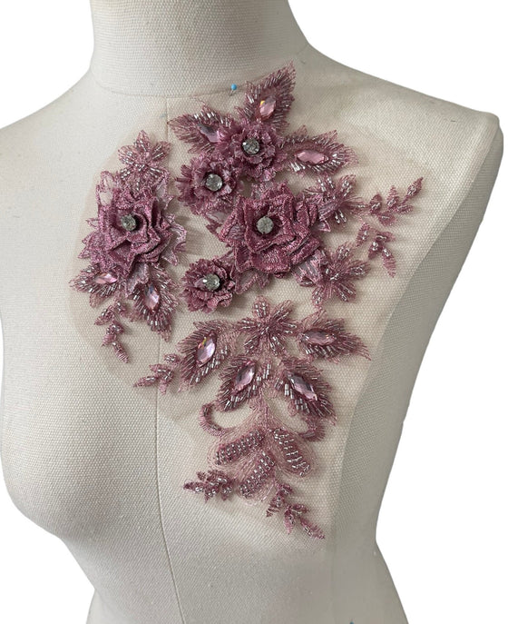 beaded appliqus with 3D flowers and crystals