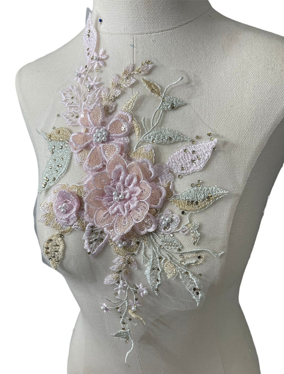 Small Pink 3D Floral Multi Color Appliqués with Pearls and Rhinestones