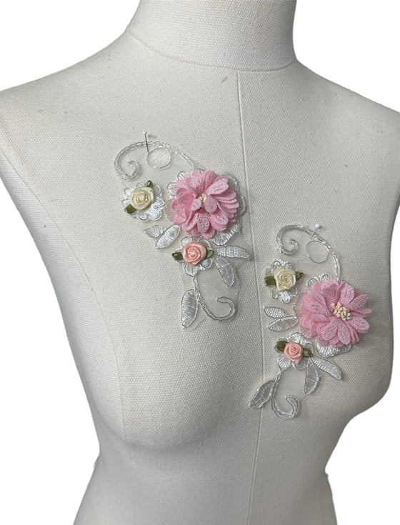 Pair of 3D Pink Flowers embroidered applique #798-771