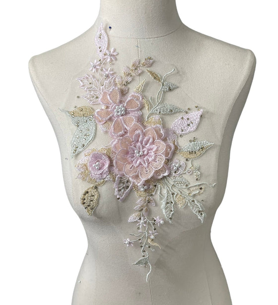 Small Pink 3D Floral Multi Color Appliqués with Pearls and Rhinestones