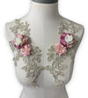 Pair Multi color 3D flowers lace appliqués with pearls