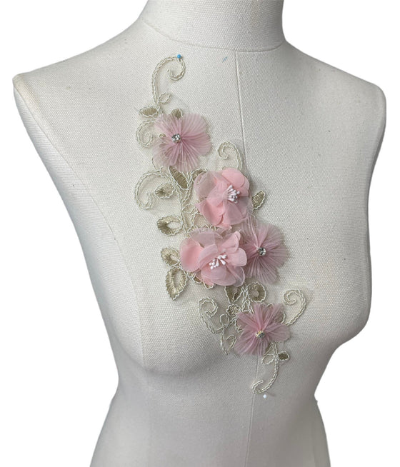 Pink 3D flower embroidered applique with crystals