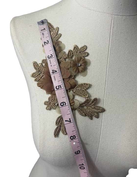 Pair of 3D Bronze/Brown Flowers embroidered applique