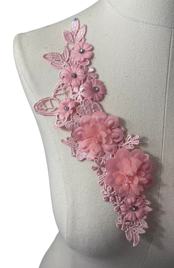 Pair of 3D Pink Flowers embroidered applique with pearls and crystals