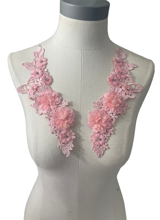 Pair of 3D Pink Flowers embroidered applique with pearls and crystals