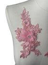 Pair of 3D Pink Flowers embroidered applique with pearls and crystals