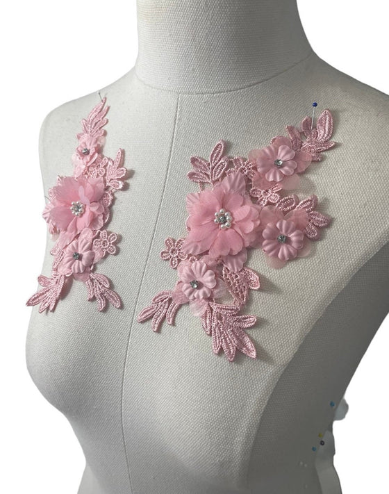 Pair of 3D Pink Flowers embroidered applique with pearls and crystals