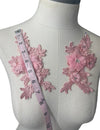 Pair of 3D Pink Flowers embroidered applique with pearls and crystals