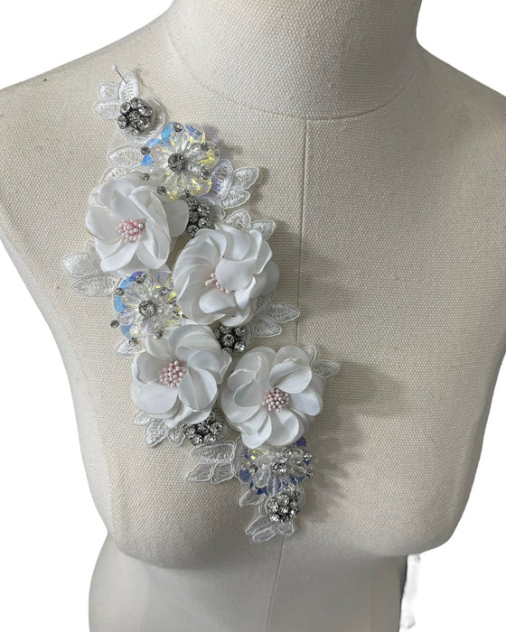 3D White Flowers with Large Crystals on White Lace