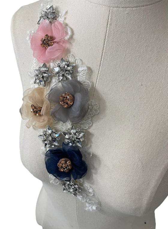 3D Multi Color Flowers with Large Crystals on White Lace