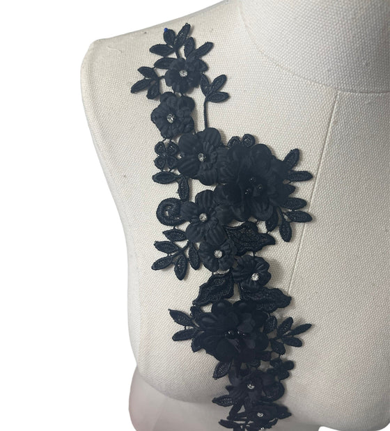 3D Black Flowers Applique with Crystals