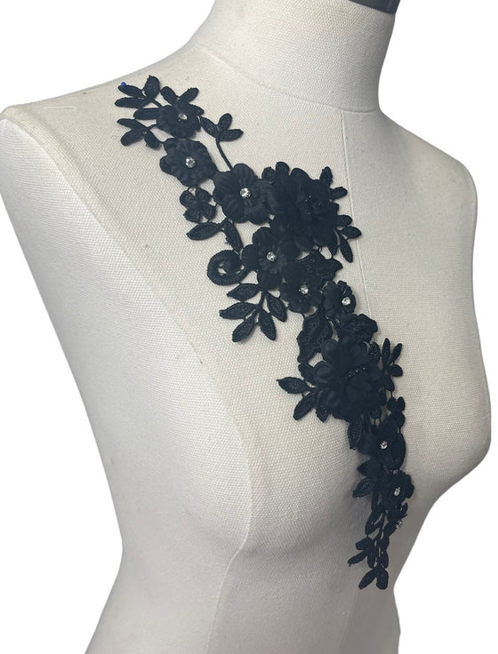 3D Black Flowers Applique with Crystals