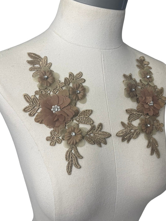 Pair of 3D Bronze/Brown Flowers embroidered applique