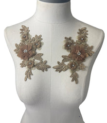  Pair of 3D Bronze/Brown Flowers embroidered applique