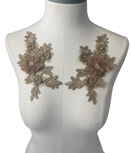 Pair of 3D Bronze/Brown Flowers embroidered applique