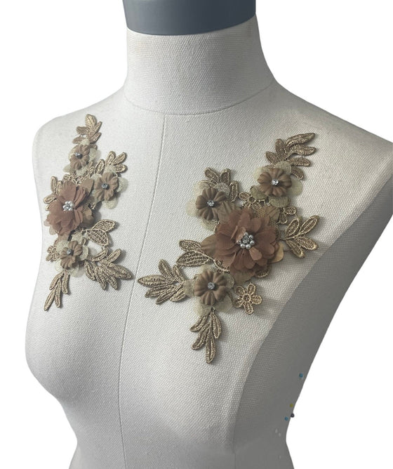 Pair of 3D Bronze/Brown Flowers embroidered applique