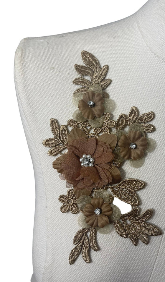 Pair of 3D Bronze/Brown Flowers embroidered applique