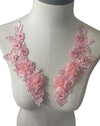 Pair of 3D Pink Flowers embroidered applique with pearls and crystals