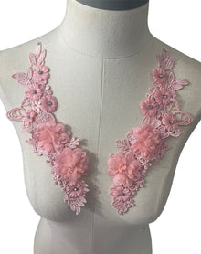  Pair of 3D Pink Flowers embroidered applique with pearls and crystals