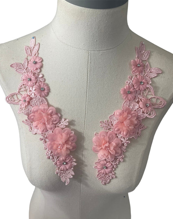 Pair of 3D Pink Flowers embroidered applique with pearls and crystals