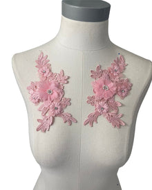  Pair of 3D Pink Flowers embroidered applique with pearls and crystals