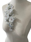 3D White Flowers with Large Crystals on White Lace