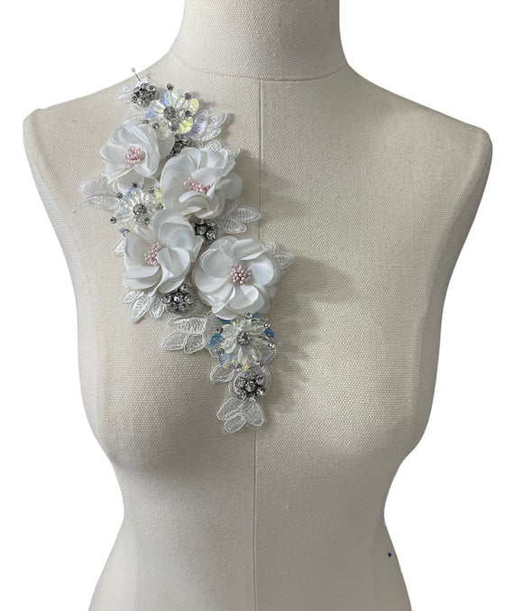 3D White Flowers with Large Crystals on White Lace