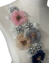 3D Multi Color Flowers with Large Crystals on White Lace