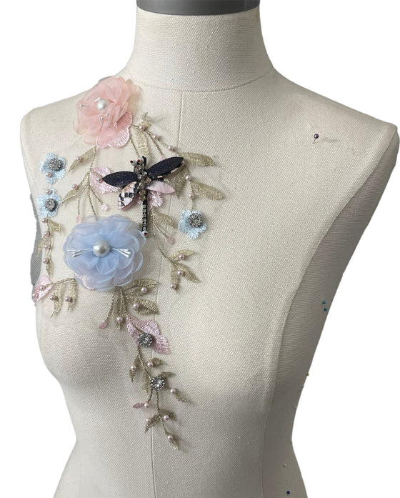 3D Pink and Blue flower applique with crystals and dragonfly