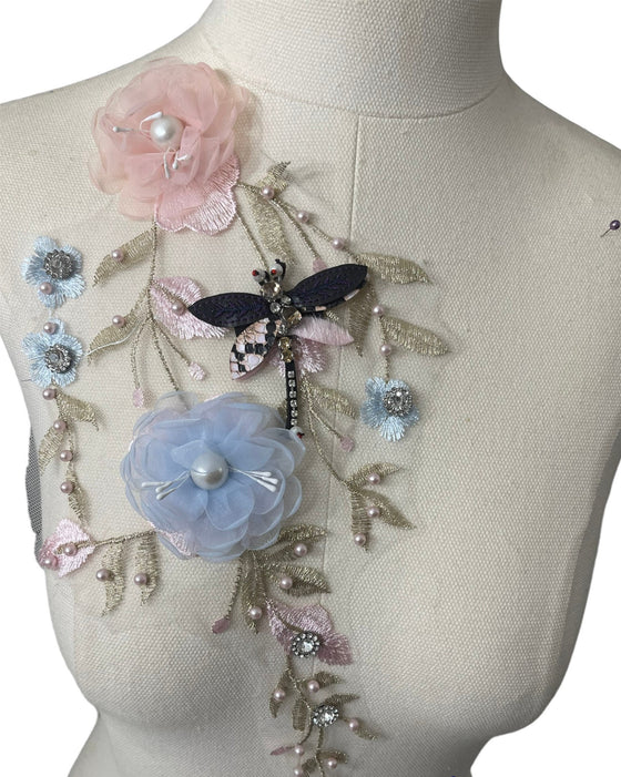 3D Pink and Blue flower applique with crystals and dragonfly