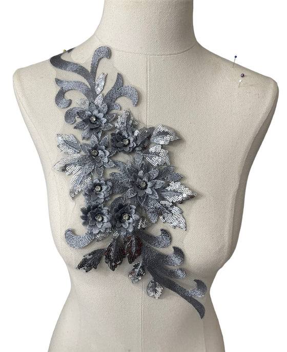 Dark Grey Silver 3D floral appliqués with sequin #146-917