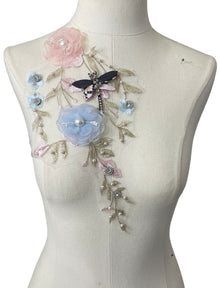  3D Pink and Blue flower applique with crystals and dragonfly