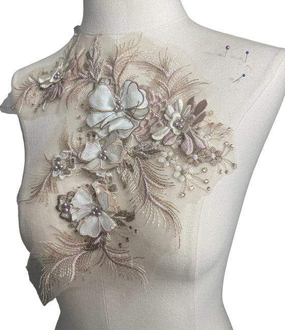 Cream Blush Pink 3D flowers appliqués with Rhinestones and Pearls