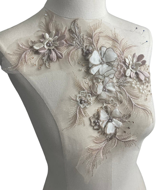 Cream Blush Pink 3D flowers appliqués with Rhinestones and Pearls