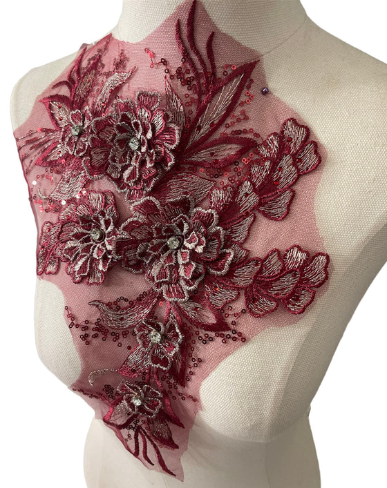 Burgundy and Silver 3D Floral Applique with Crystals