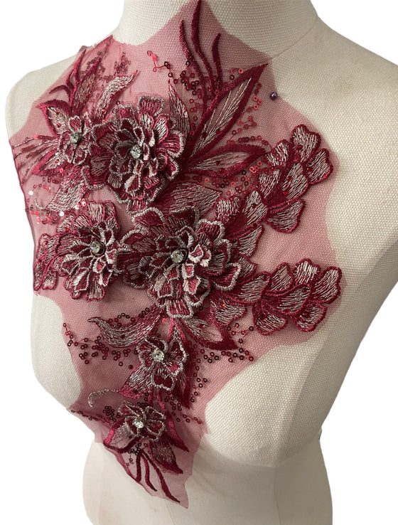 Burgundy and Silver 3D Floral Applique with Crystals