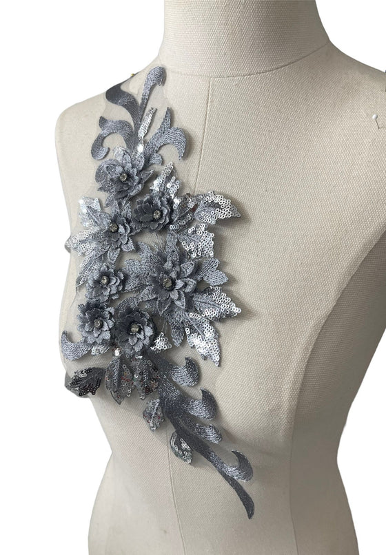 Dark Grey Silver 3D floral appliqués with sequin #146-917