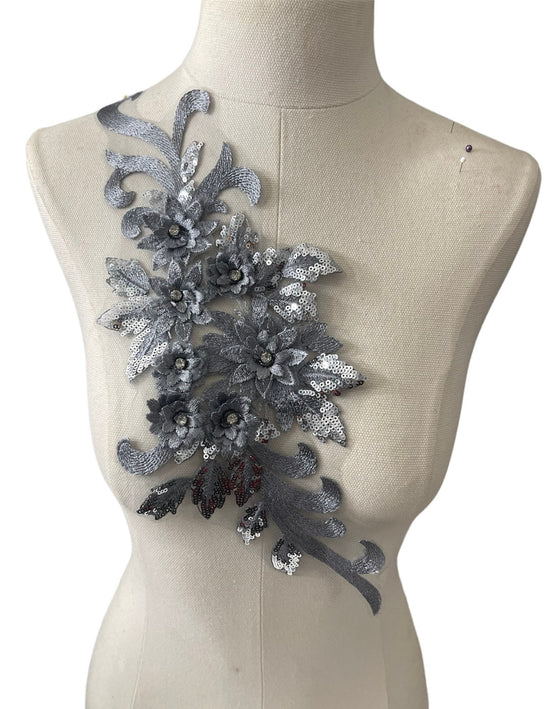 Dark Grey Silver 3D floral appliqués with sequin #146-917