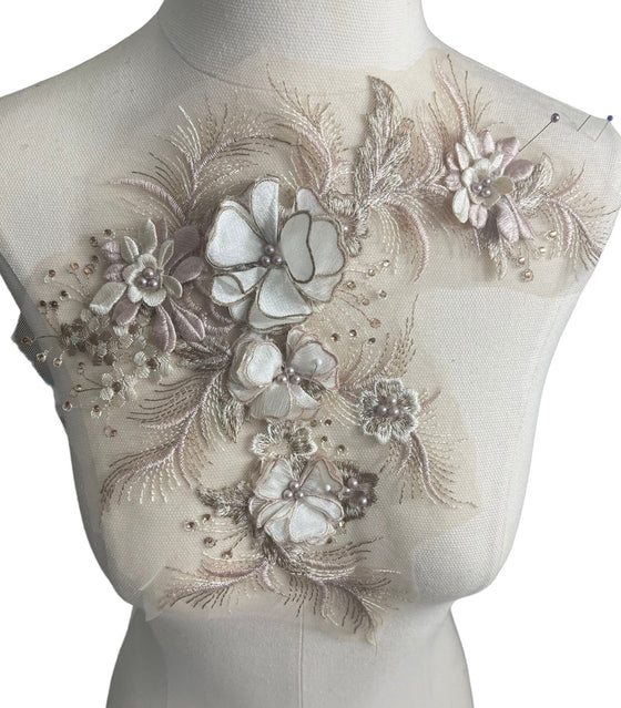 Cream Blush Pink 3D flowers appliqués with Rhinestones and Pearls