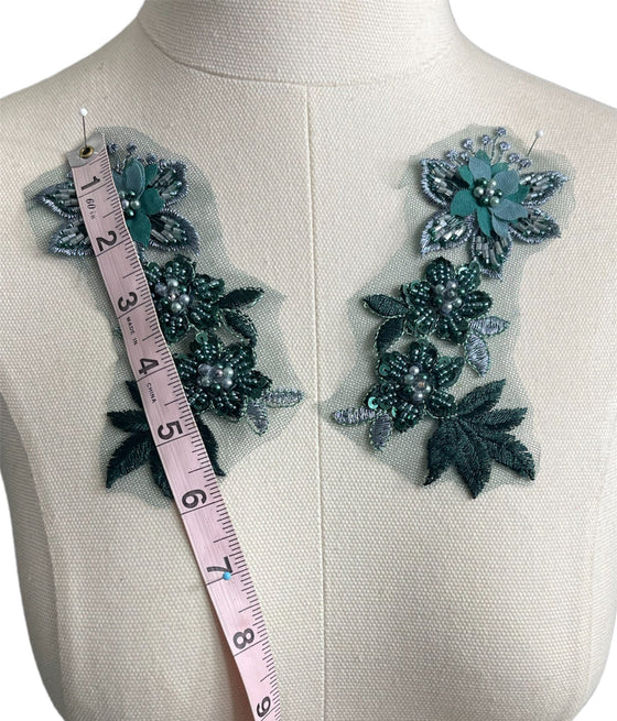 Emerald Green Appliques with 3D Flower, Beads and pearls