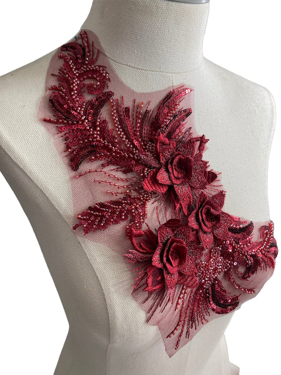 Wine Red Beaded 3D flower applique with sequin