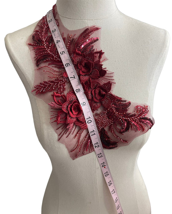 Wine Red Beaded 3D flower applique with sequin