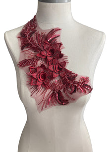  Wine Red Beaded 3D flower applique with sequin