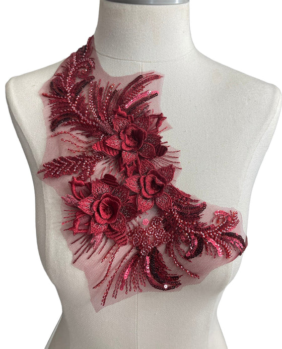 Wine Red Beaded 3D flower applique with sequin