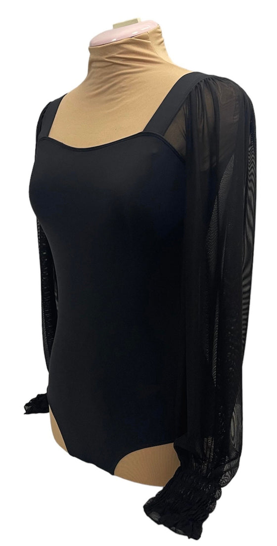 Black Leo with long mesh sleeves ruched at the wrist #222-772