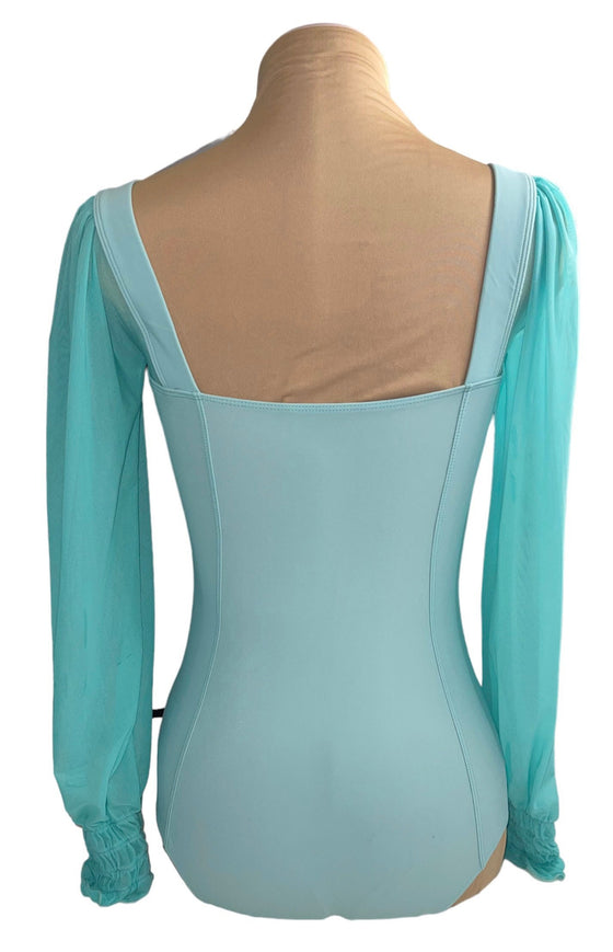 Turquoise Colored Leo with long mesh sleeves ruched at the wrist #222-772